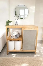 Resim Digithome Bambu 3 Raflı Kumaş Sepetli Banyo Düzenleyici Kirli Çamaşır Sepeti DB-0046 