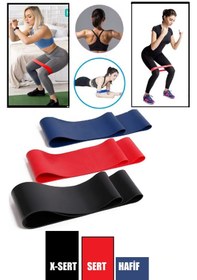 Resim 3'lü Set Direnç Bandı 60 Cm Hafif - Sert - X-sert Pilates Egzersiz Yoga - Mini Loop Band Mavi - Kırmızı - Siyah 