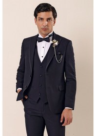 Resim İmza Desenli Çıkarılabilir Kırlangıç Yaka Tam Astar Yelekli 6 Drop Slim Fit Dar Kesim Smokin Damatlık 1001225203-Koyu Lacivert 