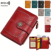Resim RFID Hırsızlık Önleyici Kadın Cüzdan, Çoklu Kart Yuvası Fermuarlı Moda Klipsli Vintage Kısa Cüzdan 
