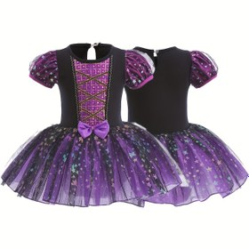 Resim Kızlar için Büyüleyici Bale Tutu Elbisesi Yıldız Süslemeli - Mor & Altın Simli Göğüs, Kabarık Kollu & Büyük Fiyonk, Diz Boyu Tül Etek Halloween, Dans Performansları & Özel Günler İçin, Bohem Tarzı, Parıldayan Detaylar 