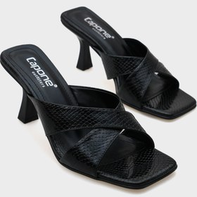 Resim Capone Outfitters Mavis Küt Burunlu Yılan Desenli Çapraz Bantlı Orta Topuklu Metalik Kadın Terlik 