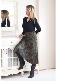 Resim Ritnice Kadın Yeşil Leopar Midi Saten Etek 