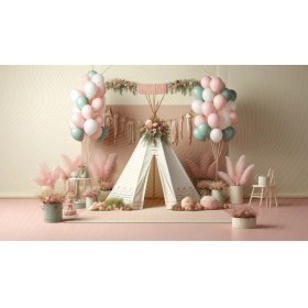 Resim Venspor Pastel Balonlar ve Çiçeklerle Süslenmiş Çadır Temalı Parti Arkaplanı 200 x 150 cm Fon Duvar Örtüsü 