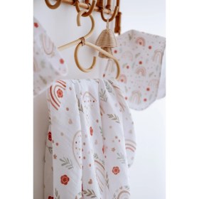 Resim Lilabio %100 Organik Pamuk Çift Katlı Gökkuşağı Desenli Müslin Örtü Seti (100X100 Muslin-Önlük-Omuz Bezi) 
