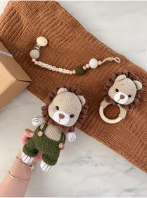 Resim Zey's Amigurumi Amigurumi Yenidoğan Set, Aslan Uyku Arkadaşı, Emzik zinciri, çıngırak 