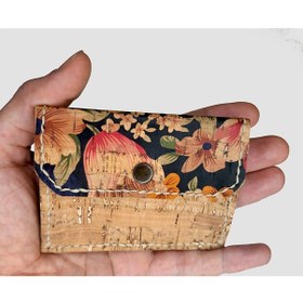 Resim Yozakura Design Çiçek Desenli Doğal Vegan Mantar Derisinden Bozuk Para Bölmeli Kartlık & Cüzdan Kırmızı - Bej 