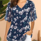 Resim Kadın Kısa Kollu Tunik Üstleri Çiçekli Çift Katmanlı Mesh Casual Şık Bluz Gömlekler 