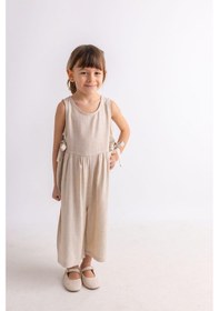 Resim Oliven The Kid Oliventhekid Bej Naturel Keten Yazlık Kolsuz Arkası Düğmeli Çift Bağcıklı Kız Çocuk Tulum Bej Bej 