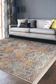 Resim RealHomes Antika Zemin Eskitme Motifli Uşak Desenli Avangarde Etnik Motifler Salon Koridor Antre Saçaklı Halı HaliDik-Deluxe-11212, 100 x 120 