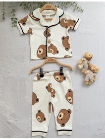 Resim Ayıcık Baskılı Yazlık Pijama Takımı -1163 Beyaz 