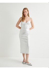 Resim Koton Midi Askılı Abiye Elbise Bridal Kalp Yaka Metalik Varak Baskılı Kırık Beyaz 4sak80134fk Ekru 
