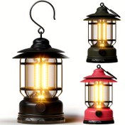 Resim 1 Adet MACROCOSM Vintage LED Kamp Feneri - USB Şarj Edilebilir Asma Lamba, 18650 Lityum Pil ile Taşınabilir Acil Durum Işığı, Bahçe, Teras, Çim Dekoru (Siyah/Zeytin Yeşili/Kırmızı), Kamp Aydınlatması, Hava Koşullarına Dayanıklı 