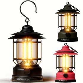 Resim 1 Adet MACROCOSM Vintage LED Kamp Feneri - USB Şarj Edilebilir Asma Lamba, 18650 Lityum Pil ile Taşınabilir Acil Durum Işığı, Bahçe, Teras, Çim Dekoru (Siyah/Zeytin Yeşili/Kırmızı), Kamp Aydınlatması, Hava Koşullarına Dayanıklı 