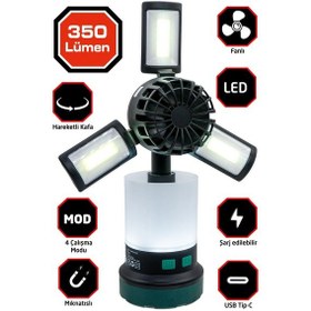 Resim Rox 0218 Şarjlı Çok Fonksiyonlu Fanlı Outdoor Kamp Feneri 350 Lümen 