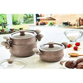 Resim OMS 3027 6 Parça Granit Güveç Set Cam Kapaklı Kahverengi 