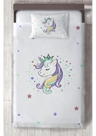 Resim Mekta Home Bebek Ve Çocuk Odası Renkli Unicorn Desenli Beyaz Yatak Örtüsü 