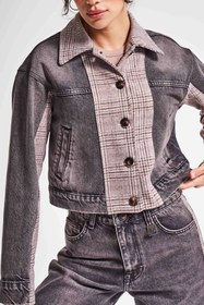 Resim Kadın Taşlanmış Koyu Kot Rengi 4w5-143 Çift Parça Kumaş Önden Düğmeli Özel Tasarım Denim Ceket - Taşlanmış K.Kot / 34 