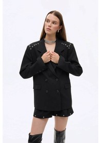 Resim Quzu Kuş Gözü Detaylı Siyah Kadın Blazer Ceket Ckt01019 Siyah 