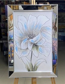 Resim Ayna Çerçeveli Sim Işlemeli Mavimsi Ve Beyaz Kanvas Çiçek Tablosu 