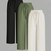 Resim BK031808 3 adet Düz Renk Geniş Bacaklı Pantolon Seti - Siyah, Kırmızı, Beyaz, Bağcıklı Bel, Hafif Yaz Pantolonu Kadınlar İçin, Rahat Kıyafet, Rahat Kesim, Konforlu Kumaş 