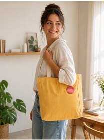 Resim Faralya Life Çıtçıtlı Kapama Sarı Renk Kadın Çanta Plaj Çantası Günlük Çanta %70 Pamuk %30 Polyester Omuz Çantası Açık Sarı 