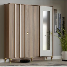 Resim Vilza Sürgü Kapaklı Aynalı Portmanto Vestiyer Ceviz - Beyaz 