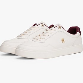 Resim Tommy Hilfiger Kadın TH Monogram Plaque Court Sneakers - Beyaz/Bordo 