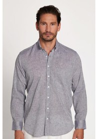 Resim Tudors Erkek Regular Fit Klasik Kesim Pamuklu Keten Doku Düğmeli Yaka Gri Gömlek-32967 Gri 