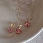 Resim Lüks Pembe Kalp Kolye ve Küpe Seti, Seksi Y2K Trend Moda Takısı, Çinko Alaşımı, Günlük ve Parti Giyim - Onun İçin İdeal Sevgililer Günü Hediyesi - 3 Parça Set 