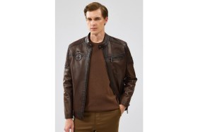 Resim Derimod Kawhi Erkek Kahverengi Slim-Fit Armalı Deri Mont 20SGD6351BT 