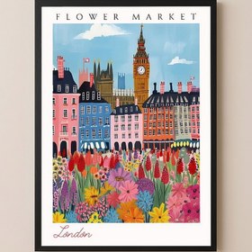 Resim London Flower Market Print - Big Ben Cityscape British Botanical Art - Wooden Frame - Black / 12 x 16" (30x40 cm) 