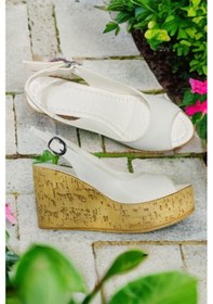 Resim Kadın Mantara Beyaz Cilt 10 Cm Dolgu Topuklu Mantar Taban Önü Arkası Acık Ayakkabı Beyaz 