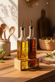 Resim Snippy Olea - 2'li Ahşap Yüksek Standlı Cam Zeytinyağı Şişesi Yağdanlık Damlatmaz Yağlık Sirkelik 500ml Ahşap 