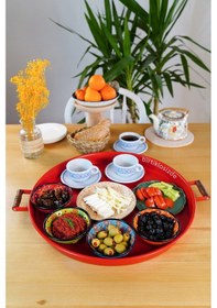 Resim Kitchen Trend 3 Lü Ahşap Kulplu Metal Tepsi Çay Tepsisi Kahve Tepsisi Sunum Tepsi Seti Kırmızı,yeşi 