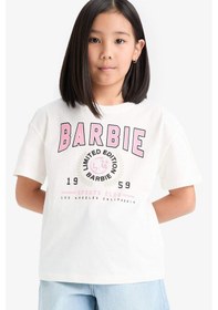 Resim DeFacto Kız Çocuk Barbie Relax Fit Bisiklet Yaka Kısa Kollu Tişört E2630A825SMER85 Ekru 