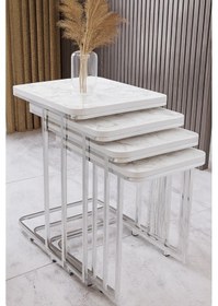 Resim 4 Parça Tekerlekli C Zigon Sehpa Nikelaj- Beyaz Mermer 