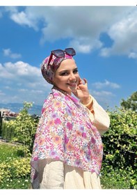 Resim Moda Kaşmir Flora Desen Bambu Eşarp Mavi-somon 