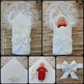 Resim Mevlütlük Dantelli Bebek Kundağı Unisex Bebek Dış Kundak Battaniyesi Hastane Çıkışı Yenidoğan Kundak Ekru 