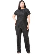 Resim Büyük Beden Kısa Kollu Beli Lastikli Fermuarlı Siyah Kadın Tulum 