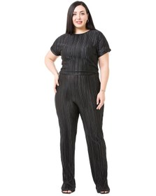 Resim Büyük Beden Kısa Kollu Beli Lastikli Fermuarlı Siyah Kadın Tulum 