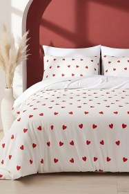 Resim Kırmızı Kalpli Tek Kişilik Nevresim Takımı Pamuklu 