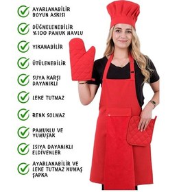 Resim Star Ayar Askılı 5li Mutfak Önlüğü Seti Ayar Askılı Havlulu Önlük, Şapka, Eldiven, Tutacak Kırmızı-kırmızı-kırmızı 