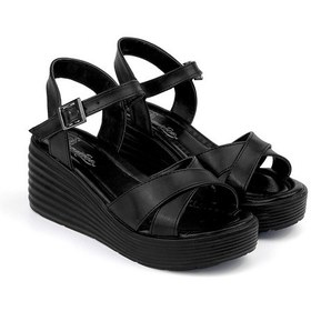 Resim Kadın Siyah Tokalı Dolgu Topuklu Sandalet 6 Cm Rahat Yüksek Topuklu Siyah 