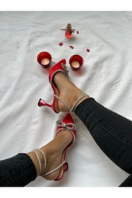 Resim Gamze Shoes Kırmızı Renk Saten Bilekten Bağlama Fiyonk Taşlı 