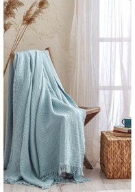 Resim Turkuaz 4 Katlı Müslin %100 Pamuk Pike - Yatak Örtüsü-tv Battaniy Turkuaz 