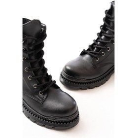 Resim 2051-298 Siyah Cilt Düz Topuklu Bağcıklı Lastikli Günlük Kadın Bot Acı Kahverengi 