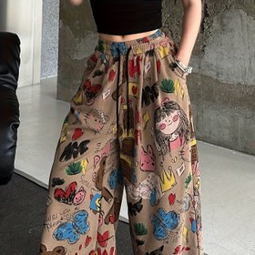 Resim Kadın Y2K Karikatür Graffiti Baskılı Bol Kesim Pantolon - Yüksek Bel, Günlük Stil, Tüm Sezon Rahatlığı, Makinede Yıkanabilir, Şirin Pantolon 