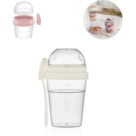 Resim Taşınabilir Kaşıklı Yoğurt Kabı - 600 ml + 200 ml Saklama Haznesi - Pratik Taşınabilir Beslenme Kabı 