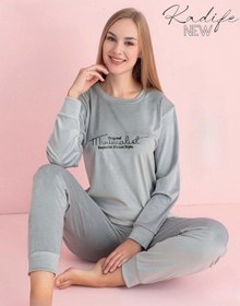 Resim Pijamerry Kadın Kışlık Bisiklet Yaka Kadife Pijama Takımı 3023g - 1 Adet Gümüş 
